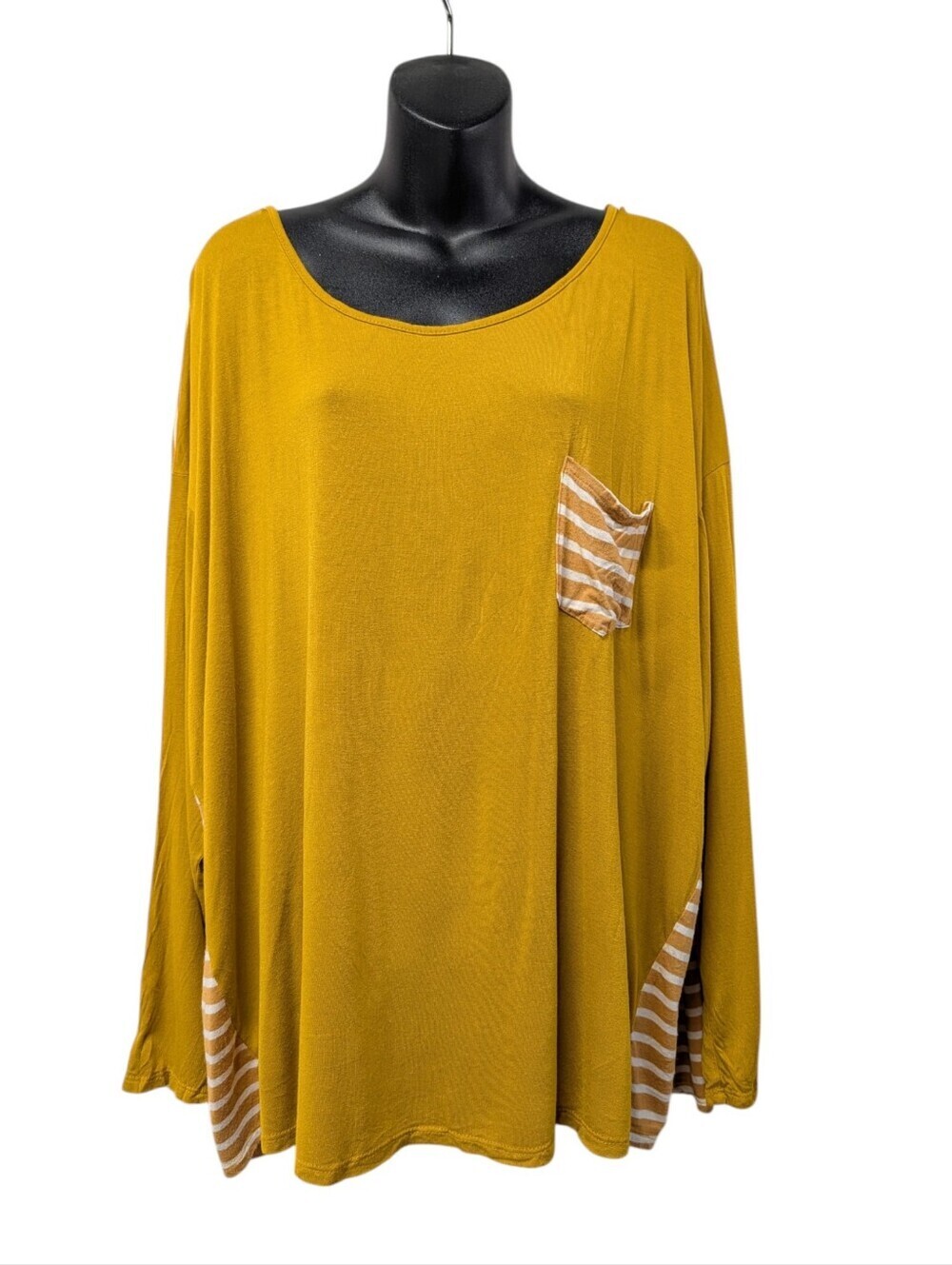 a.gain 3X Mustard Yellow Stripe Long Sleeve Pocket Top Made In USA Rayon Spandex